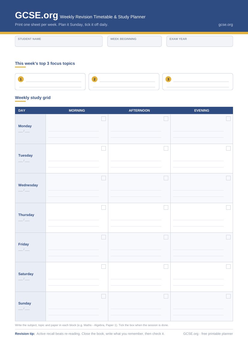 Page 1 — Weekly timetable
